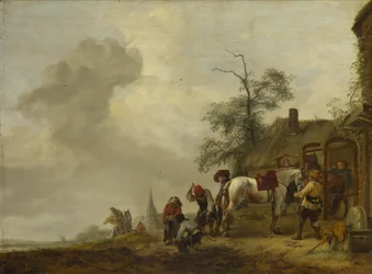 Een paard wordt beslagen buiten een dorpssmederij